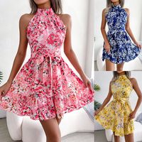 Casual Ditsy Floral High Neck Sleeveless Belt Polyester Chiffon Above Knee A-line Skirt main image 1