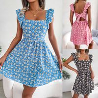 Casual Flower Square Neck Short Sleeve Backless Polyester Chiffon Above Knee A-line Skirt main image 1