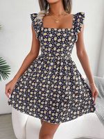 Casual Flower Square Neck Short Sleeve Backless Polyester Chiffon Above Knee A-line Skirt main image 4
