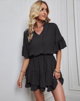 Women's Ruffled Skirt Casual V Neck Patchwork Ruffles Short Sleeve Solid Color Above Knee Daily main image 4
