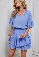 Women's Ruffled Skirt Casual V Neck Patchwork Ruffles Short Sleeve Solid Color Above Knee Daily main image 3