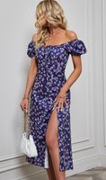 Women's Slit Dress Sexy Boat Neck Printing Slit Backless Short Sleeve Flower Midi Dress Daily main image 4