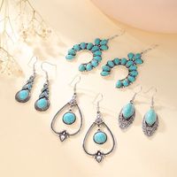 1 Pair Retro Geometric Water Droplets Hollow Out Alloy Turquoise Chandelier Earrings main image 5