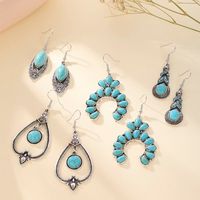1 Pair Retro Geometric Water Droplets Hollow Out Alloy Turquoise Chandelier Earrings main image 6
