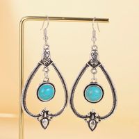 1 Pair Retro Geometric Water Droplets Hollow Out Alloy Turquoise Chandelier Earrings main image 8