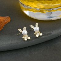 Fashion Rabbit Copper Inlay Artificial Pearls Zircon Ear Studs 1 Pair main image 2
