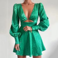 Women's Party Dress Sexy V Neck Patchwork Button Long Sleeve Flower Above Knee Banquet main image 1