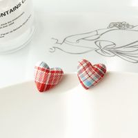 1 Pair Sweet Plaid Polka Dots Heart Shape Cloth Resin Ear Studs sku image 3
