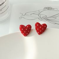 1 Pair Sweet Plaid Polka Dots Heart Shape Cloth Resin Ear Studs sku image 3