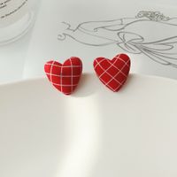 1 Pair Sweet Plaid Polka Dots Heart Shape Cloth Resin Ear Studs sku image 2
