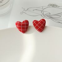 1 Pair Sweet Plaid Polka Dots Heart Shape Cloth Resin Ear Studs sku image 1