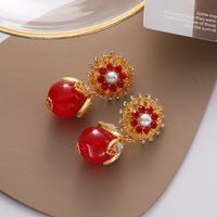 1 Pair Elegant Vintage Style Flower Inlay Copper Artificial Pearls Zircon 18K Gold Plated Drop Earrings main image 3