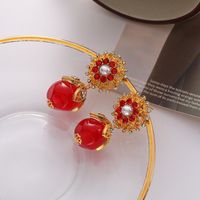 1 Pair Elegant Vintage Style Flower Inlay Copper Artificial Pearls Zircon 18K Gold Plated Drop Earrings main image 5