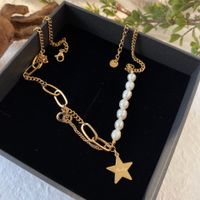 Fashion Cross Heart Shape Titanium Steel Pearl Chain Necklace 1 Piece sku image 3
