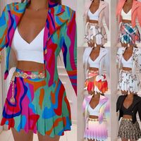 Fashion Color Block Polyester Printing Pleated Long-sleeved Suit Collar Printed Small Suit Skirt 2 Piece Set main image 1