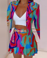 Fashion Color Block Polyester Printing Pleated Long-sleeved Suit Collar Printed Small Suit Skirt 2 Piece Set main image 3