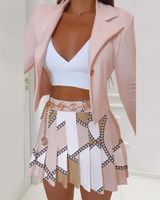 Fashion Color Block Polyester Printing Pleated Long-sleeved Suit Collar Printed Small Suit Skirt 2 Piece Set main image 6
