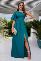 Women's Slit Dress Elegant Diagonal Collar Slit Short Sleeve Solid Color Maxi Long Dress Banquet sku image 3