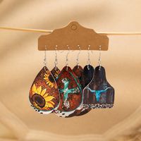3 Pairs Bohemian Sunflower Cattle Painted Pu Leather Dangling Earrings main image 7