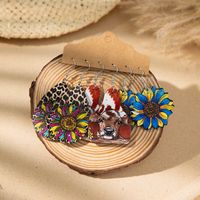 3 Pairs Bohemian Sunflower Cattle Painted Pu Leather Dangling Earrings main image 6