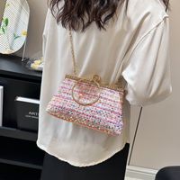 White Pink Blue Woven Fabric Solid Color Shell Sequins Evening Bags main image 5