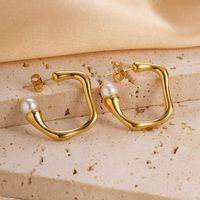 1 Pair Vacation Modern Style C Shape Square Plating Inlay 304 Stainless Steel Pearl 14K Gold Plated Earrings main image 8