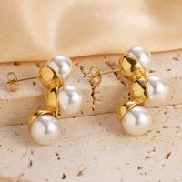 1 Pair Vacation Modern Style C Shape Square Plating Inlay 304 Stainless Steel Pearl 14K Gold Plated Earrings main image 4