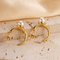 1 Pair Vacation Modern Style C Shape Square Plating Inlay 304 Stainless Steel Pearl 14K Gold Plated Earrings main image 5