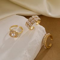 Simple Style Square Copper 18k Gold Plated Artificial Pearls Zircon Open Rings In Bulk main image 1