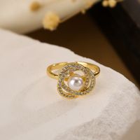 Simple Style Square Copper 18k Gold Plated Artificial Pearls Zircon Open Rings In Bulk sku image 1
