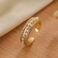 Simple Style Square Copper 18k Gold Plated Artificial Pearls Zircon Open Rings In Bulk sku image 2