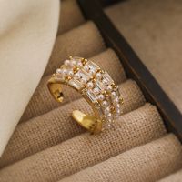 Simple Style Square Copper 18k Gold Plated Artificial Pearls Zircon Open Rings In Bulk sku image 3