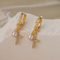 1 Pair Elegant Lady Simple Style Cross Lotus Plating Inlay Copper Zircon 18k Gold Plated Drop Earrings sku image 1