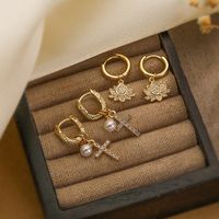 1 Pair Elegant Lady Simple Style Cross Lotus Plating Inlay Copper Zircon 18k Gold Plated Drop Earrings main image 1