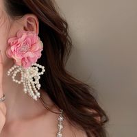 1 Pair Retro Flower Imitation Pearl Cloth Drop Earrings main image 3