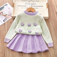 Casual Flower Knitted Cotton Spandex Girls Clothing Sets sku image 7