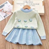 Casual Flower Knitted Cotton Spandex Girls Clothing Sets sku image 11