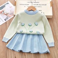 Casual Flower Knitted Cotton Spandex Girls Clothing Sets sku image 13