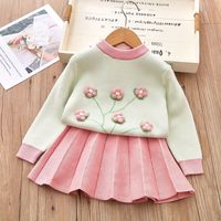 Casual Flower Knitted Cotton Spandex Girls Clothing Sets sku image 1