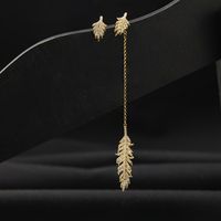 1 Pair Elegant Feather Asymmetrical Plating Inlay Copper Zircon 14k Gold Plated Drop Earrings main image 6
