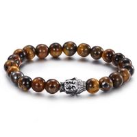 Hip-hop Retro Round Tiger Eye Titanium Steel Beaded Men's Bracelets sku image 1