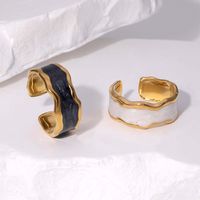 304 Stainless Steel 18K Gold Plated Modern Style Simple Style Enamel Plating Lines AB Glue Pearl Cream Open Rings main image 1