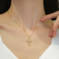 Wholesale Simple Style Classic Style Cross Titanium Steel Copper Plating Inlay Artificial Gemstones Pendant Necklace main image 3
