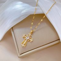 Wholesale Simple Style Classic Style Cross Titanium Steel Copper Plating Inlay Artificial Gemstones Pendant Necklace main image 2
