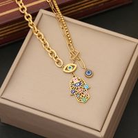 Stainless Steel 18K Gold Plated Vintage Style Enamel Palm Pendant Necklace main image 2