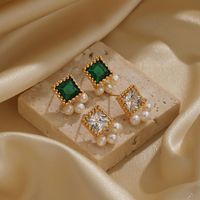 1 Pair Elegant Luxurious Square Copper Artificial Crystal Freshwater Pearl 18k Gold Plated Drop Earrings main image 1