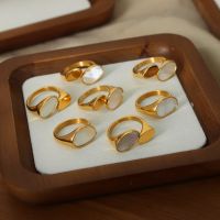French Style Color Block Titanium Steel Plating Inlay Shell 18k Gold Plated Open Rings main image 4