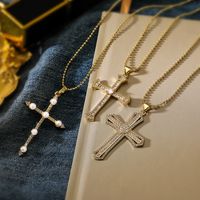 Simple Style Commute Cross Copper Plating Inlay Pearl Zircon 18k Gold Plated Pendant Necklace main image 1