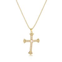 Simple Style Commute Cross Copper Plating Inlay Pearl Zircon 18k Gold Plated Pendant Necklace main image 2