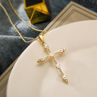 Simple Style Commute Cross Copper Plating Inlay Pearl Zircon 18k Gold Plated Pendant Necklace sku image 1